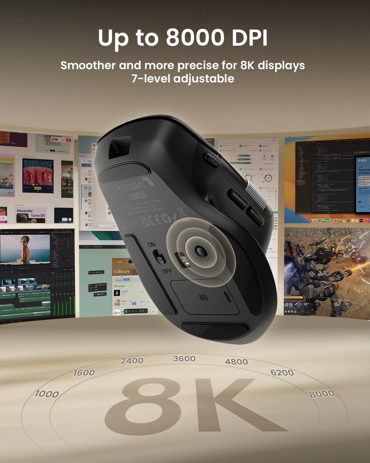 Ergonomic Wireless Mouse,Customizable Bluetooth Rechargeable Mouse
