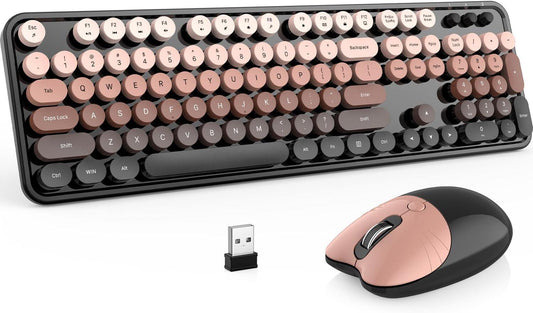 Wireless Keyboard and Mouse Combo,Full-Size Retro Round Keyboard and Mouse