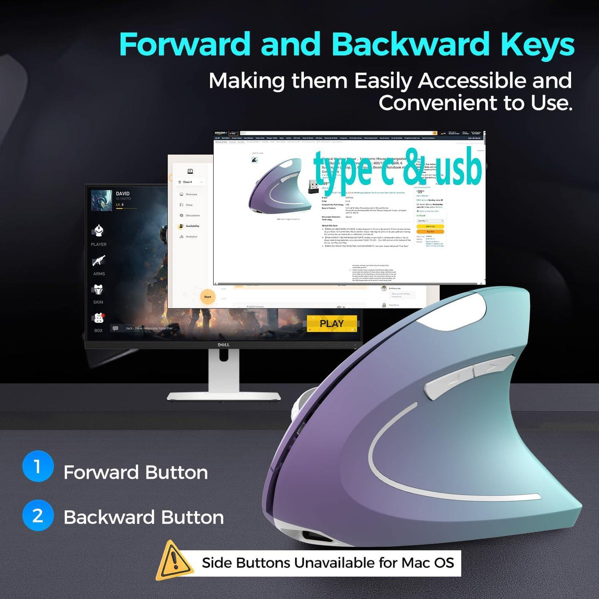 Ergonomic Wireless Rechargeable Mouse, USB A+Type C(2in 1) Connection