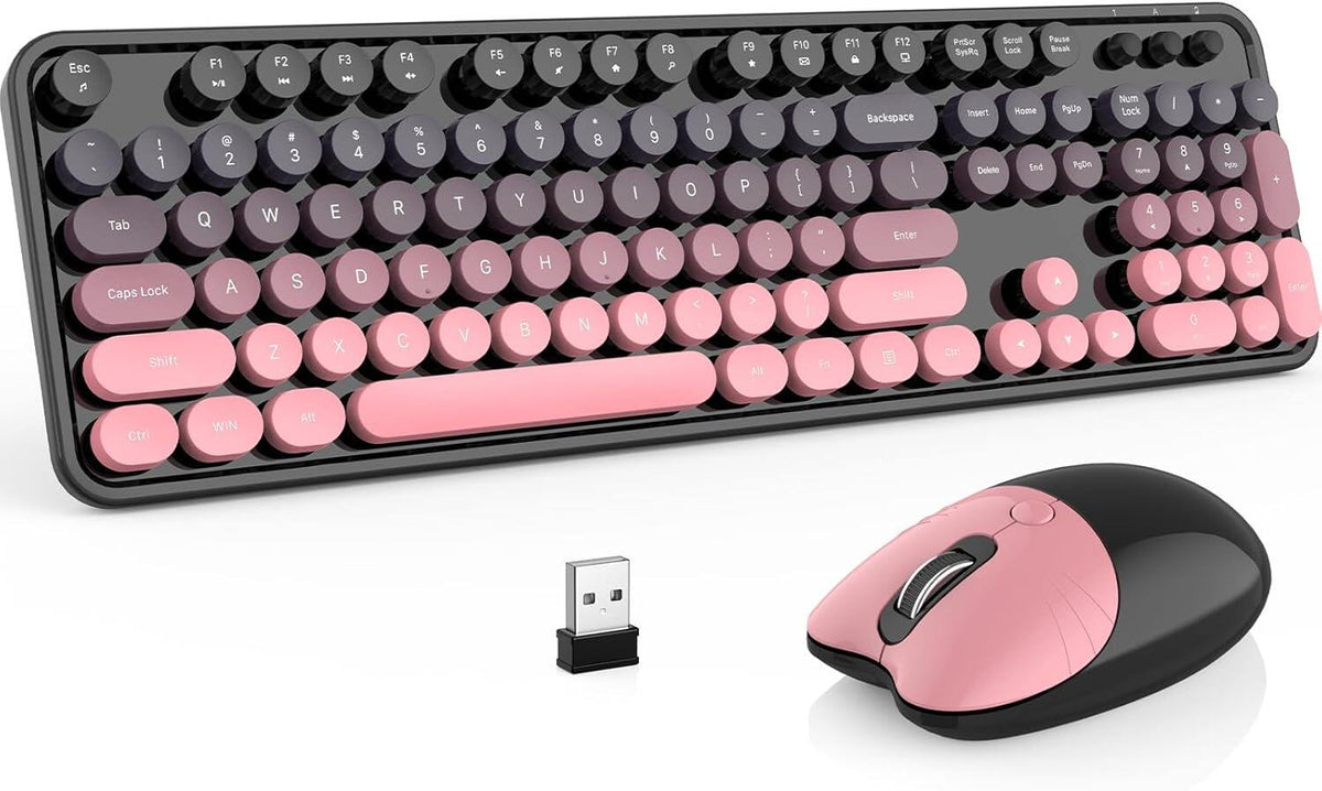 Wireless Keyboard and Mouse Combo,Full-Size Retro Round Keyboard and Mouse